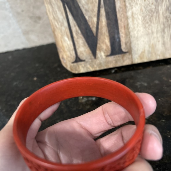 Vintage Red Carved Chinese Cinnabar Bangle Bracelet Peach Blossum Branch - Picture 3 of 5
